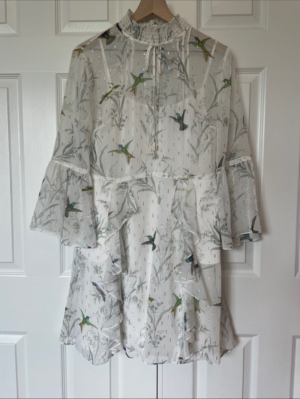 Ted Baker Sheer White “Andray” Hummingbird Tiered Dress